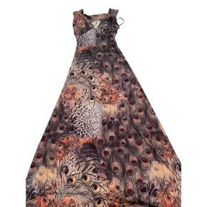 MT Collection Peacock Maxi Dress Sleeveless Plunge Size S